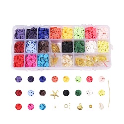 DIY Jewelry Kits, with Handmade Polymer Clay Heishi Beads, Alloy Pendants, Elastic Thread, Brass Spacer Beads & Ball Head Pins & Jump Rings, Cowrie Shell Beads and Scissors, Golden, 8x0.5~1mm, Hole: 2mm, about 5040~5400pcs/set