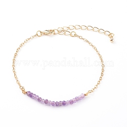 Bracelets de perles d'améthyste naturelle pierre de naissance de février, avec des chaînes de câble en laiton, ronde à facettes, or, 7-1/4 pouce (18.5 cm)