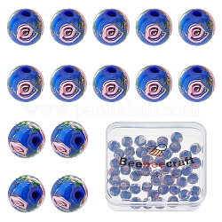 Beebeecraft 50Pcs 8mm Lampwork Glass Beads Gold Sand Lampwork Round Loose Spacer Beads Flower Inlaid Spacer Beads for Bracelet Necklace Rosary Making(Blue)