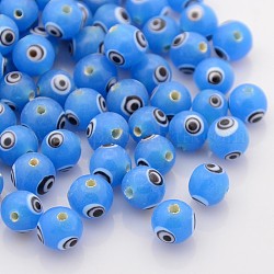 Handmade Lampwork Glass Beads, with Evil Eye, Round, Deep Sky Blue, 8mm, Hole: 2mm