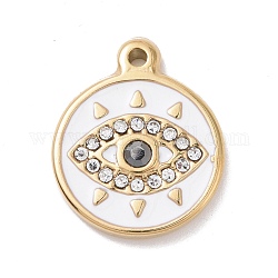 304 Stainless Steel Pendants, with Rhinestone and Enamel, Flat Round with Horse Eye, Golden, White, 18.5x15x3mm, Hole: 1.4mm