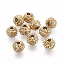 Tibetischer stil legierung perlen, Runde mit Blume, Bleifrei und Nickel frei und Cadmiumfrei, echtes 18k vergoldet, mattgoldene Farbe, 11x8~8.5 mm, Bohrung: 3 mm