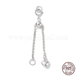 Rhodium Plated 925 Sterling Silver Ends with Chains, with Spring Clasps, Slide Bead, Jump Ring and Heart Charms, Real Platinum Plated, 39mm, Hole: 2.6mm
