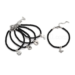 304 Stainless Steel Charm Bracelets, with Rhinestone and Rondelle Glass Beads, Faceted, Mixed Shapes, Black, Stainless Steel Color, 6-7/8 inch(17.6cm)