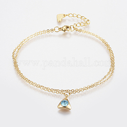 304 Stainless Steel Cable Chain Bracelets, Multi-strand Bracelets, with Rhinestone, Lobster Claw Clasps, Triangle, Golden, Aquamarine, 7-1/8 inch(180mm), 1.5mm
