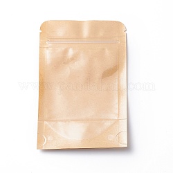 Emballage en papier kraft biodégradable écologique sac en papier à fermeture éclair, pochette debout, avec fenêtres, rectangle, kaki foncé, 14x9 cm