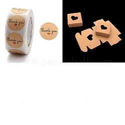 Cajas de almacenamiento de regalo de papel kraft cuadradas, caja de regalo con ventana de corazón visible con rollos de pegatinas de agradecimiento de puntos redondos, burlywood, adhesivo: 25 mm, caja: 7.5x7.5x3 cm