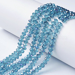 Chapelets de perles en verre transparent électrolytique, demi arc-en-ciel plaqué, facette, rondelle, turquoise foncé, 6x5mm, Trou: 1mm, Environ 85~88 pcs/chapelet, 16.1~16.5 pouce (41~42 cm)