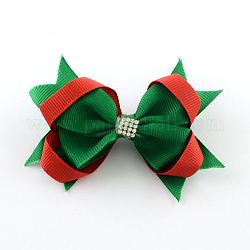 Weihnachten Grosgrain Schleife Haarspinnen, mit Eisenklammern und Strassen, grün, Platin Farbe, 70x90 mm, Clip: 41x7mm