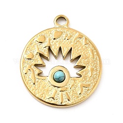 Synthetic Turquoise Pendants, Flat Round Charms, Ion Plating(IP) 304 Stainless Steel Findings, Golden, 21x18x3mm, Hole: 2mm