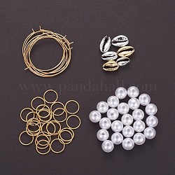 Fare orecchino fai-da-te, 304 orecchini a cerchio / anelli per saltare in acciaio inossidabile, perle acriliche imitazione perla e perle conchiglia placcate uv, oro, 35x0.7mm