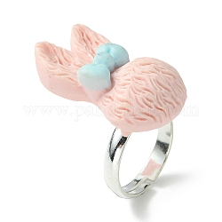 Anillo de dedo de resina de conejito, anillo ajustable de latón plateado, rosa brumosa, diámetro interior: 14.5 mm