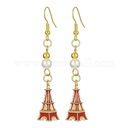 Pendientes colgantes de aleación de esmalte de la Torre Eiffel con cuentas de perlas de imitación, Pendientes largos dorados con pasadores de hierro., rojo, 64x9mm