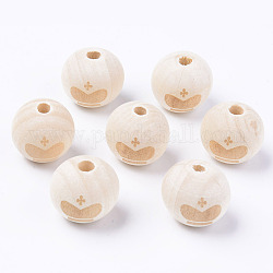 Unfinished Natural Wood European Beads, Large Hole Beads, for DIY Painting Craft, Laser Engraved Pattern, Round with Crown Pattern, Antique White, 20x18mm, Hole: 4mm