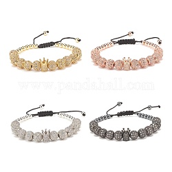 4pcs bracelet de perles tressées rondes et couronne de zircone cubique 4 couleurs avec hématite synthétique, bracelets réglables en laiton pour femmes, couleur mixte, diamètre intérieur: 2-1/8~3-1/2 pouce (5.3~8.8 cm), 1pc / style