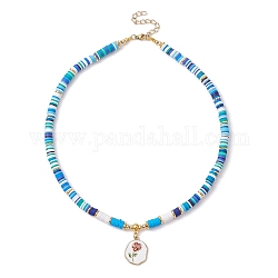 Halskette mit Blumenanhänger aus legierter Emaille, mit Scheibenperlenketten aus Fimo, Deep-Sky-blau, 21.65'' (55 cm)