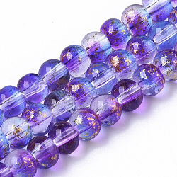 Chapelets de perles en verre peinte par pulvérisation transparent, avec une feuille d'or, ronde, bleu violet, 4~5mm, Trou: 0.9~1.2mm, Environ 95~103 pcs/chapelet, 13.78 pouce ~ 14.88 pouces (35~37.8 cm)
