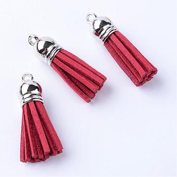 Décorations de pendentif pompon en daim, avec embouts de cordon en plastique ccb, platine, rouge foncé, 35~37x10mm, Trou: 2.5~3mm