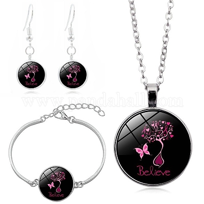Ensemble Bijoux Soutien Cancer Du Sein - Collier, Bracelet & Boucles D'Oreilles Octobre Rose 2025 - Cadeau Solidaire Et Élégant