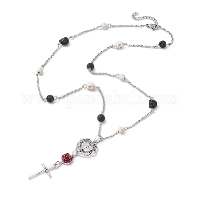 Колье с черепом и круглыми бусинами из синтетической бирюзы и натуральных лавовых камней NJEW-JN04388-1