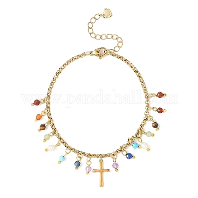 Браслеты с подвесками из натуральных смешанных драгоценных камней и бусин из нержавеющей стали 304 BJEW-JB12870-1