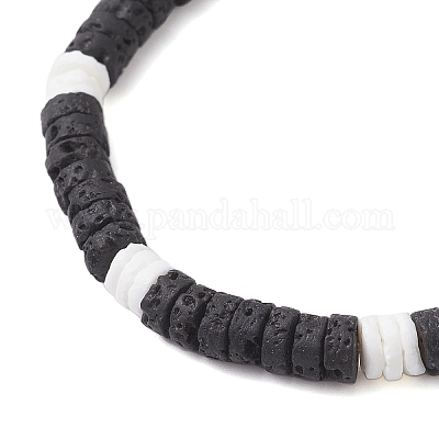 Браслеты из плоских круглых бусин из натуральной лавы и белых ракушек для женщин BJEW-JB12462-02-1