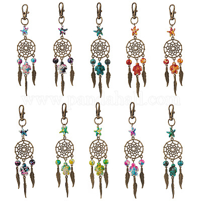 Синтетическая бирюзовая морская звезда черепаха и сплав плетеная сетка/паутина с подвесками в виде перьев HJEW-JM03126-1