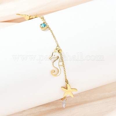 Браслеты на ногу из нержавеющей стали 304 с подвесками в виде морских коньков AJEW-G069-03G-1