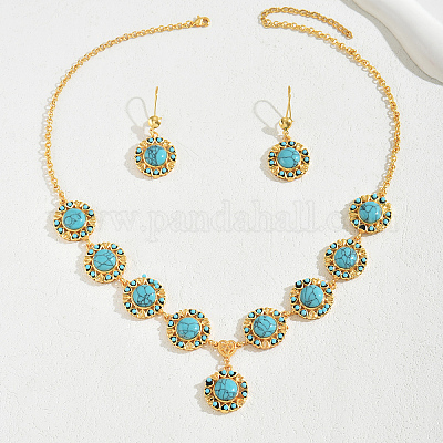Комплект из ожерелья и серег с подвеской из синтетической бирюзы и железного цветка в стиле Ближнего Востока для свадьбы PJ7760-1