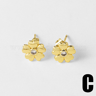 真鍮とキュービックジルコニアのスタッドピアス 花 ゴールドカラー