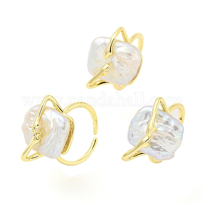 Открытое кольцо-манжета неправильной прямоугольной формы с натуральным жемчугом RJEW-H220-07G-1