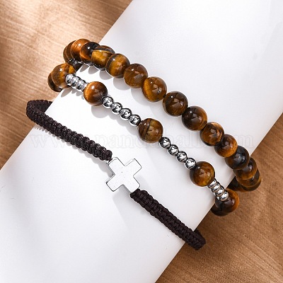 Регулируемые браслеты из плетеных бусин из натурального тигрового глаза и гематита BJEW-U035-01B-1