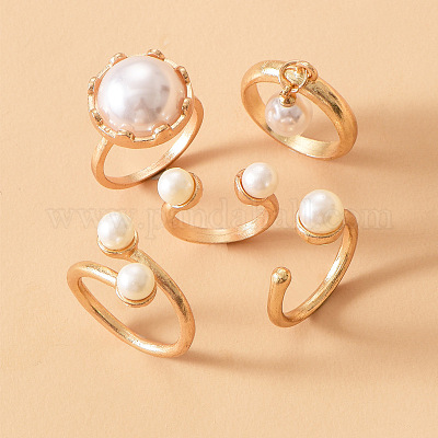 Наборы колец для пальцев из цинкового сплава и пластиковой имитации жемчуга с круглыми бусинами WG9DC8A-01-1