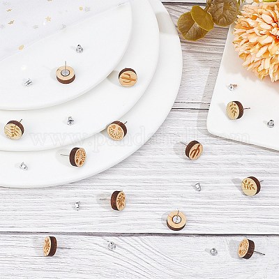 8 пара 4-х стилевых плоских круглых сережек-гвоздиков из натурального дерева EJEW-SC0001-47-1