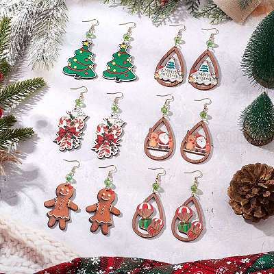 Рождественские деревянные серьги-подвески с принтом EJEW-JE06519-1
