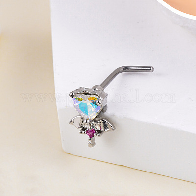 Кольца для носа в форме буквы L из нержавеющей стали 304 с паве из прозрачного ab и темно-розового кубического циркония в стиле бохо FS-WG96CDA-18-1