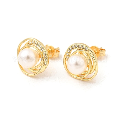 Круглые серьги-гвоздики из латуни с микропаве из прозрачных кубических цирконий EJEW-C154-05G-1