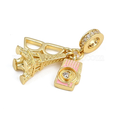 Подвески-шармы европейские с подвесками из латуни с покрытием из прозрачного кубического циркония и эмали KK-U035-28G-1