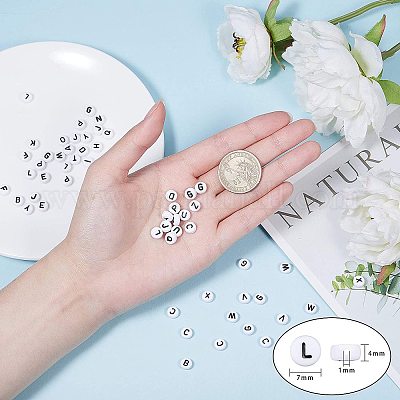 Pandahall 500Pcs Flat Round Vowel Letter Beads 7x4mm with Letter AEIOU  White Acrylic Beads for Jewelry Making
