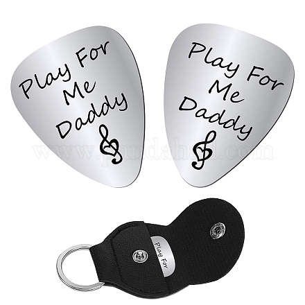 CREATCABIN 2pcs Play for Me Daddy Guitar Picks Stainless Steel Bass Acoustic Electric Rock Picks for Daddy Papa Musician Guitar Player Gifts with PU Leather Keychain 1.26 x 1 Inch AJEW-CN0001-48J-1