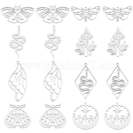 SUNNYCLUE 1 Box 16Pcs 8 Styles Stainless Steel Animal Charms Tarot Style Ladybugs Snake Mushroom Butterfly Ouija Wing Charm for Jewellery Making Charms Findings Accessories DIY Necklace Earring Craft STAS-SC0003-90-1