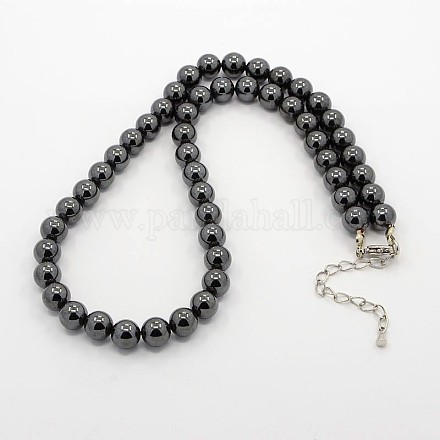 Trendy Unisex Grade A Magnetic Synthetic Hematite Round Beaded Necklaces X-NJEW-Mo14-8mm-01-1