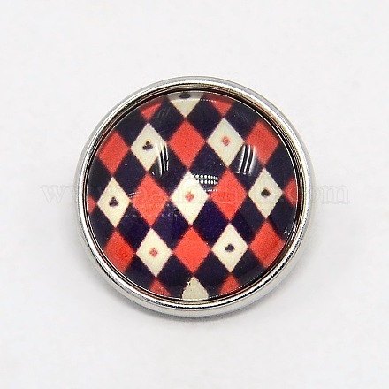 Platinum Plated Brass Glass Flat Round with Rhombus Plaid Jewelry Snap Buttons SNAP-M026-B-01-1