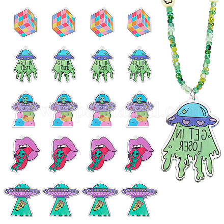CHGCRAFT 20Pcs 5 Styles Alien UFO Flying Saucer Pendant Alien Theme Colorful Acrylic Pendants Magic Cube Charm Pendant DIY for Necklace Bracelet Earring Making FIND-CA0006-56-1