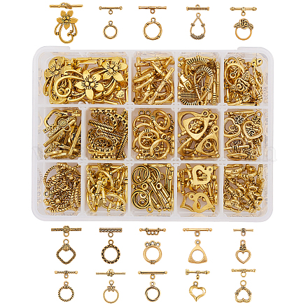 PandaHall 120 Sets 15 Styles Tibetan Style Toggle Clasps T-bar Closure Clasps IQ Toggle Clasps TBar Clasps Findings Jewelry Making for Necklace Bracelet Jewelry Making (Antique Golden) TIBE-PH0005-10AG-1