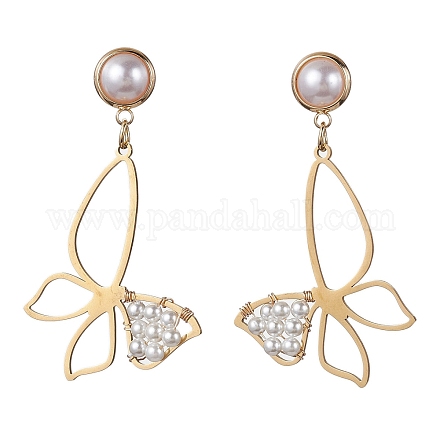 Aretes colgantes con perlas y concha de mariposa EJEW-TA00356-1
