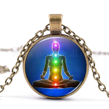 Чакра тема йога человеческое стекло кулон ожерелье CHAK-PW0001-022B-1