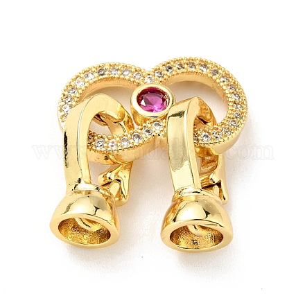 Rack Plating Brass Micro Pave Clear & Camellia Cubic Zirconia Fold Over Clasps KK-E034-57G-1