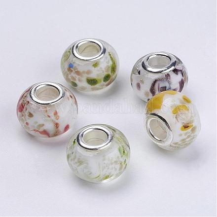 Mixed Color Handmade Rondelle Lampwork Gold Sand Large Hole European Beads with Silver Tone Brass Core X-PDL004J-1