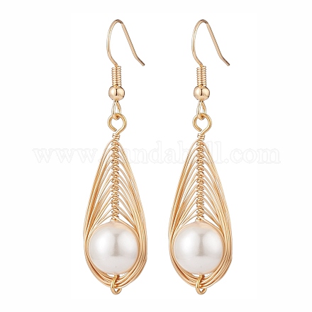 Boucles d'oreilles pendantes en forme de larme tressée avec perles coquillages EJEW-TA00088-1